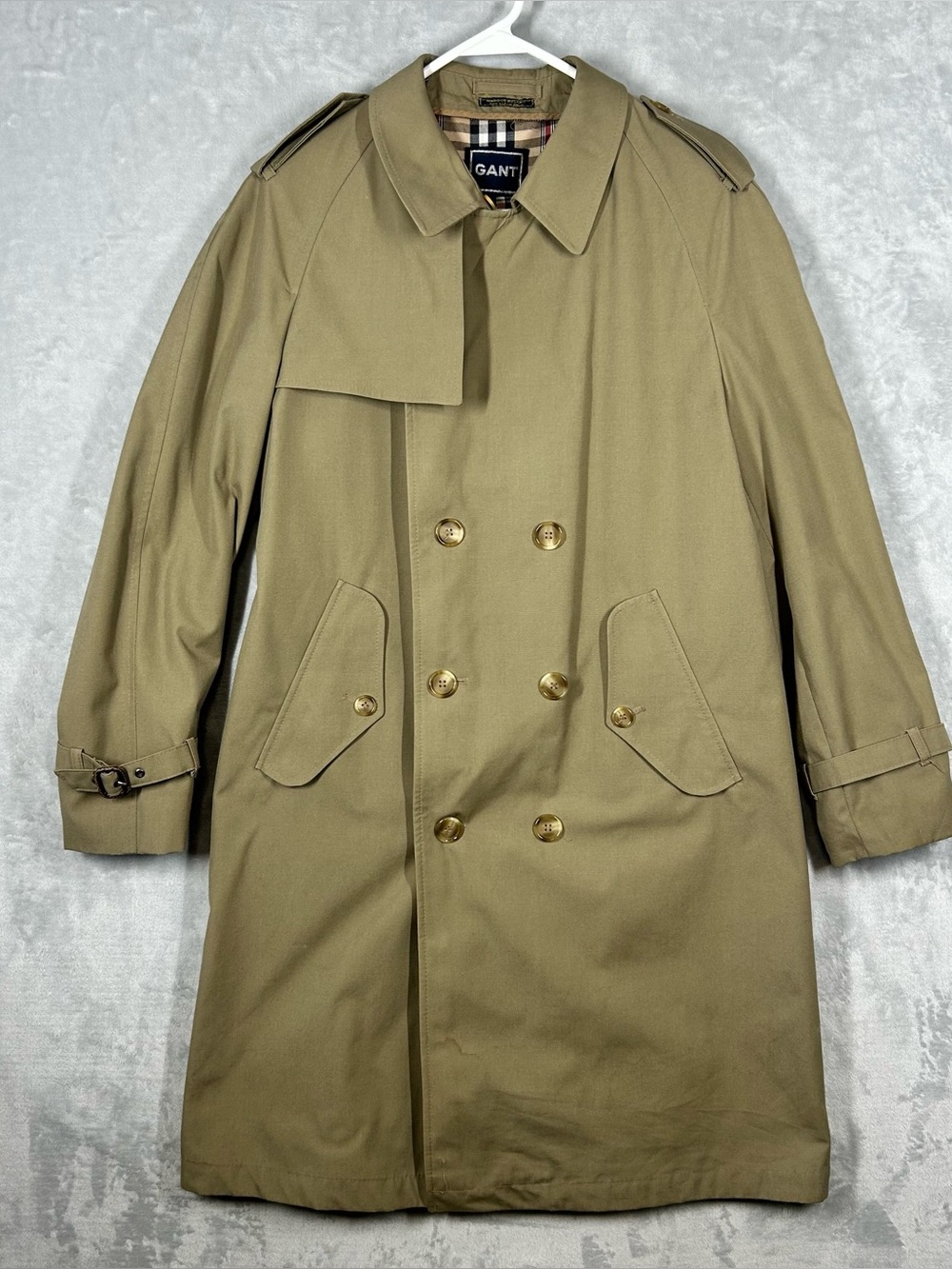 Vintage GANT Mens Trench Coat Khaki Lined Double Breasted Topcoat Approx M/L